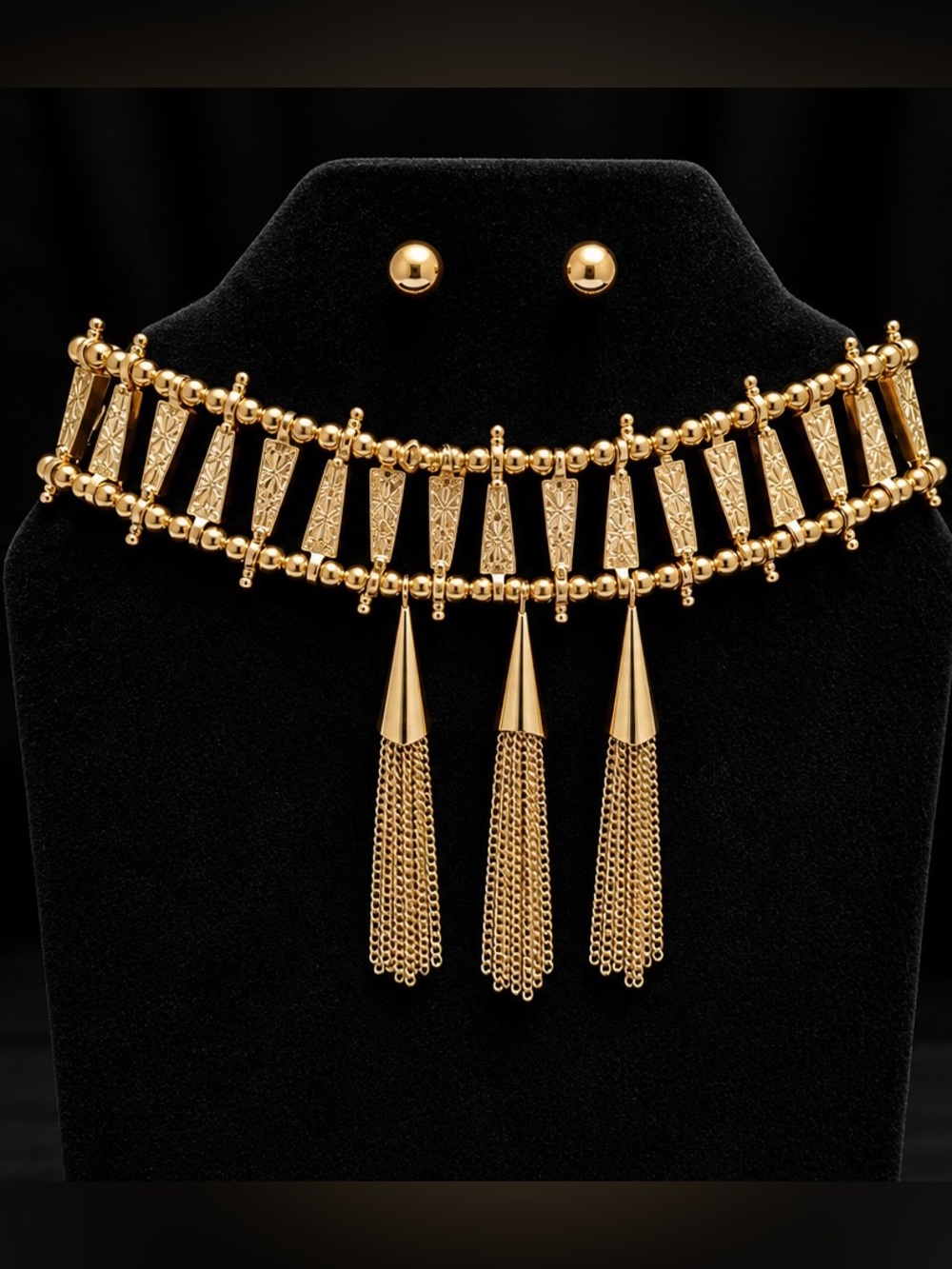 Gold Tone Statement Choker Necklace & Stud Earrings Set